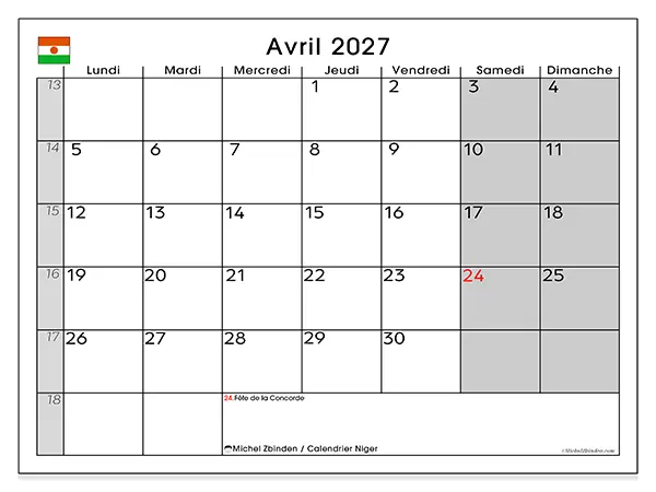 Calendrier avril 2027 à imprimer - Niger