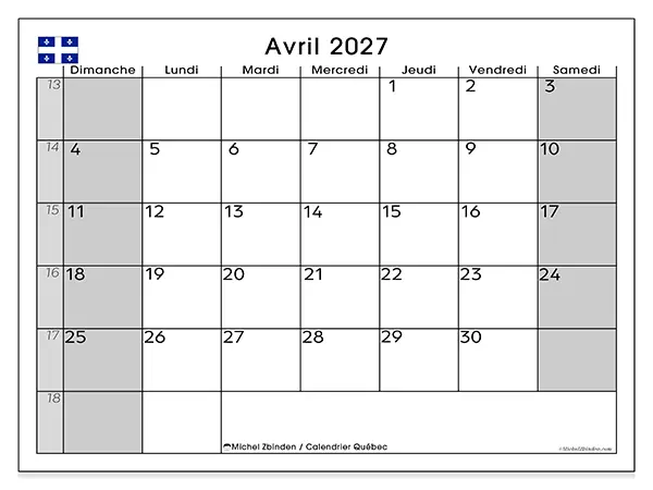 Calendrier avril 2027 à imprimer - Québec