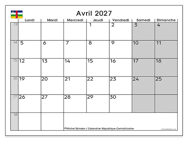 Calendrier avril 2027 à imprimer - République centrafricaine