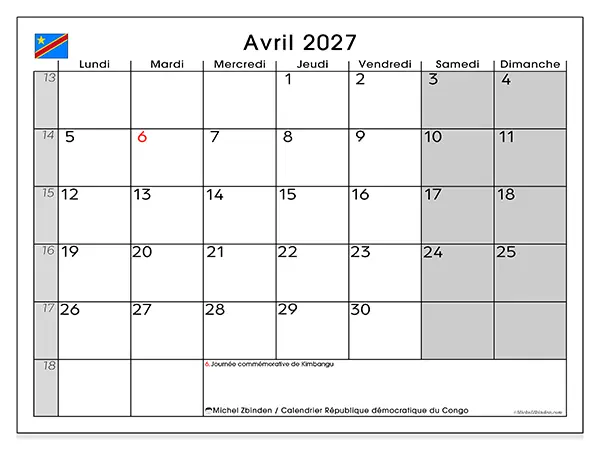Calendrier avril 2027 à imprimer - République démocratique du Congo