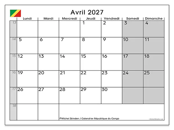 Calendrier avril 2027 à imprimer - République du Congo