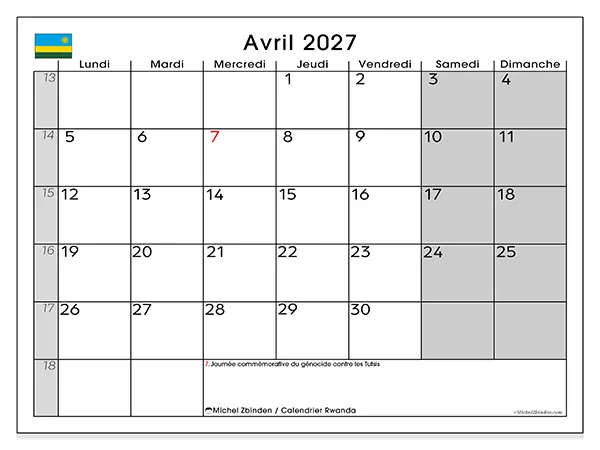 Calendrier avril 2027 à imprimer - Rwanda