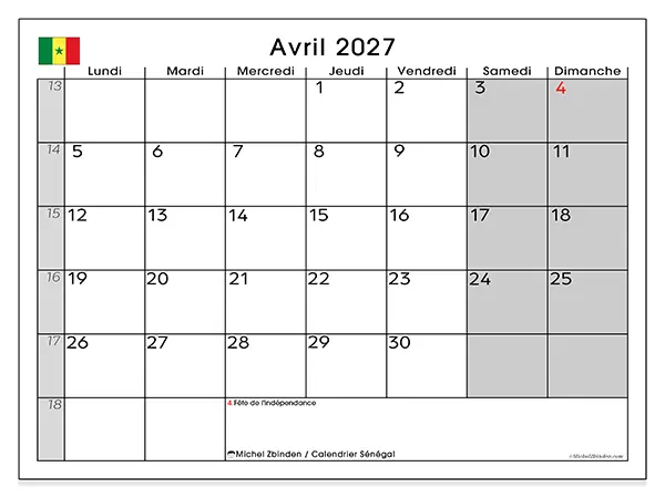 Calendrier avril 2027 à imprimer - Sénégal