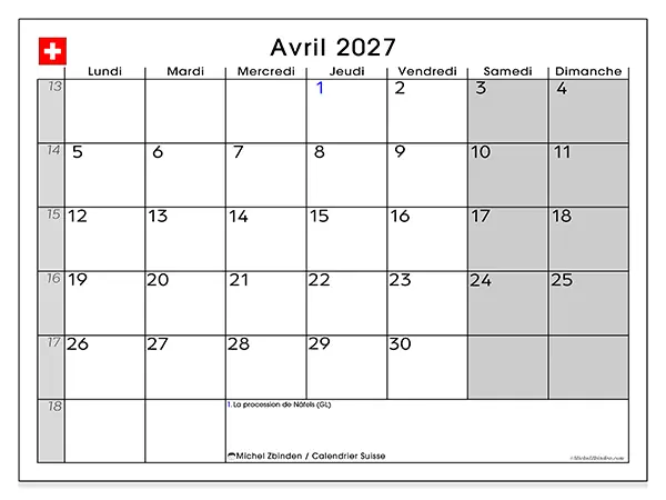 Calendrier avril 2027 à imprimer - Suisse