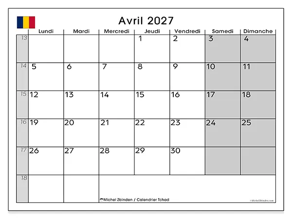 Calendrier avril 2027 à imprimer - Tchad