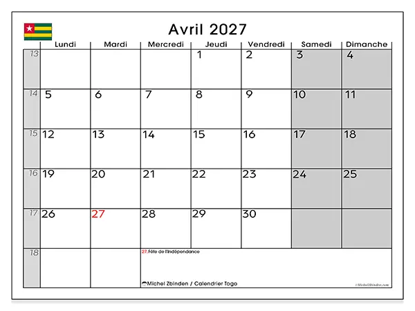 Calendrier avril 2027 à imprimer - Togo