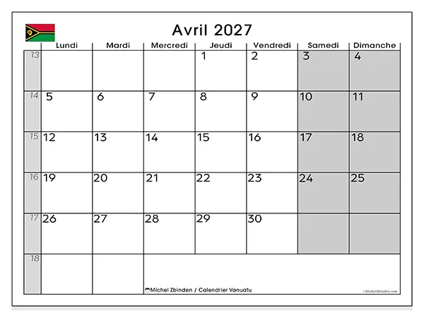 Calendrier avril 2027 à imprimer - Vanuatu