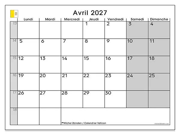 Calendrier avril 2027 à imprimer - Vatican