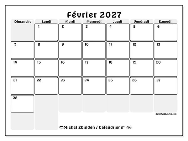 Calendrier février 2027 à imprimer - Planning structuré - Semaine du dimanche au samedi
