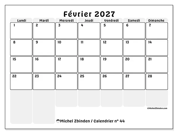 Calendrier février 2027 à imprimer - Planning structuré