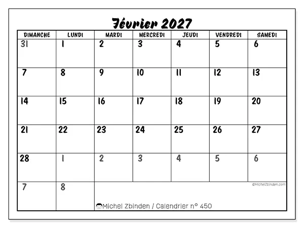 Calendrier février 2027 à imprimer - Organisation détaillée - Semaine du dimanche au samedi