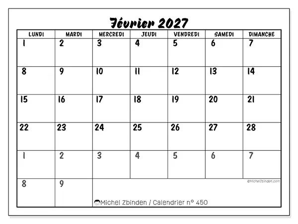 Calendrier février 2027 à imprimer - Organisation détaillée