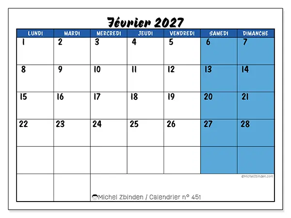 Calendrier février 2027 à imprimer - Organisation dynamique