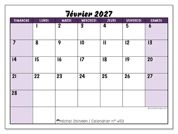 Calendrier février 2027 à imprimer - Efficacité colorée - Semaine du dimanche au samedi