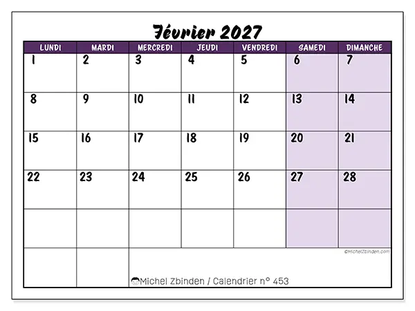 Calendrier février 2027 à imprimer - Efficacité colorée