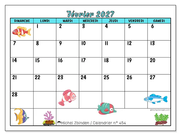 Calendrier février 2027 à imprimer - Poissons colorés - Semaine du dimanche au samedi