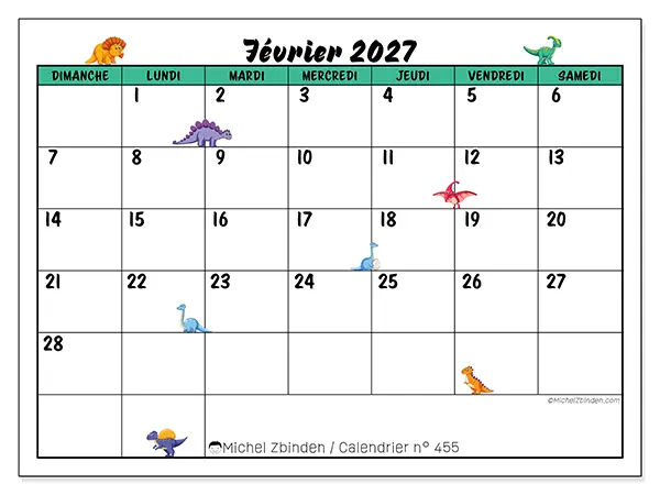 Calendrier février 2027 à imprimer - Petits dinosaures - Semaine du dimanche au samedi