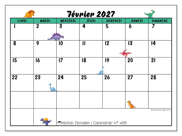 Calendrier février 2027 à imprimer - Petits dinosaures