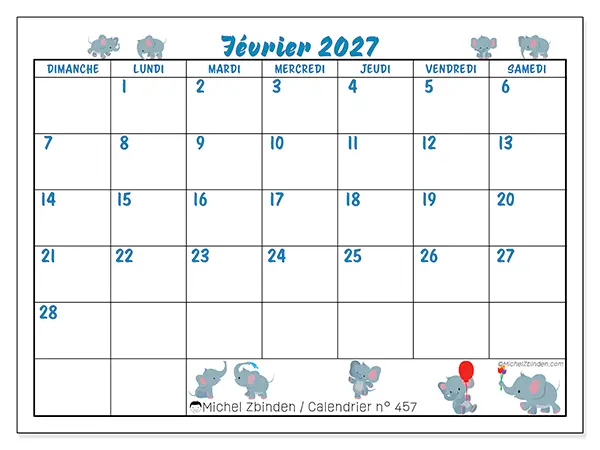 Calendrier février 2027 à imprimer - Petits éléphants - Semaine du dimanche au samedi