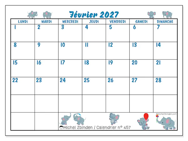 Calendrier février 2027 à imprimer - Petits éléphants