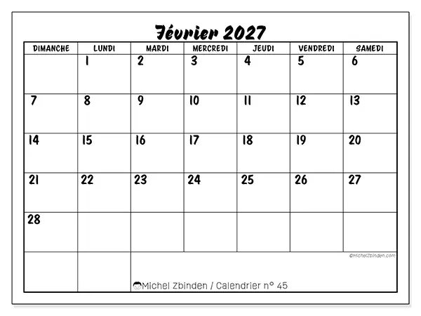 Calendrier février 2027 à imprimer - Réussite scolaire - Semaine du dimanche au samedi
