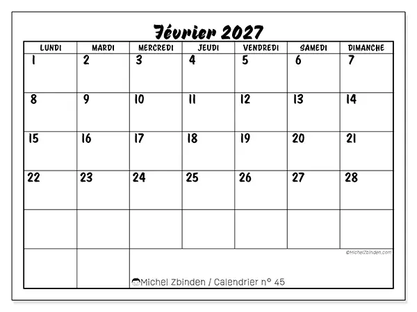 Calendrier février 2027 à imprimer - Réussite scolaire