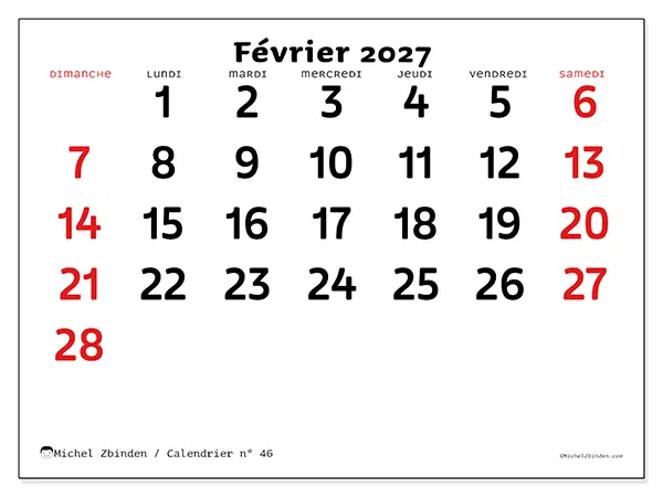 Calendrier février 2027 à imprimer - Vision claire - Semaine du dimanche au samedi