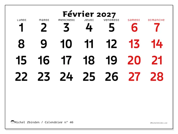 Calendrier février 2027 à imprimer - Vision claire