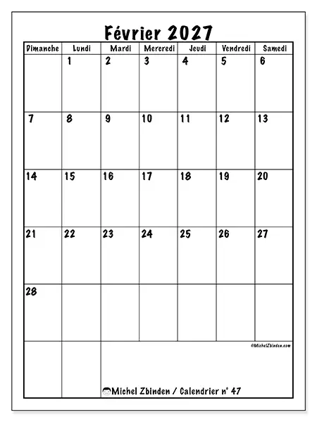 Calendrier février 2027 à imprimer - Planning efficace - Semaine du dimanche au samedi