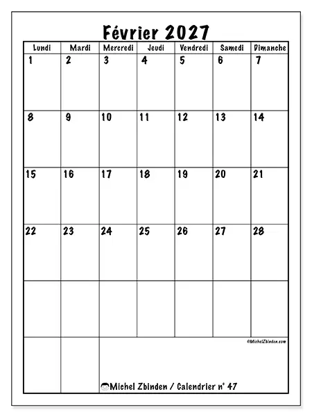 Calendrier février 2027 à imprimer - Planning efficace