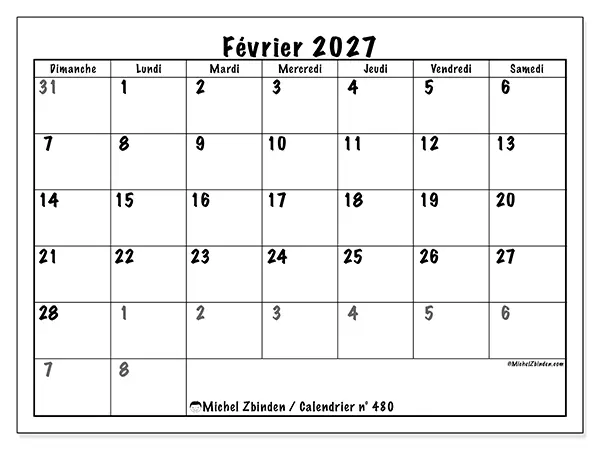 Calendrier février 2027 à imprimer - Planification complète - Semaine du dimanche au samedi