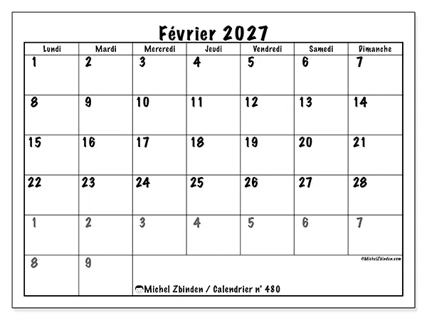 Calendrier février 2027 à imprimer - Planification complète