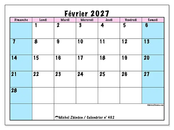 Calendrier février 2027 à imprimer - Horaire d’équipe - Semaine du dimanche au samedi