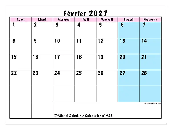 Calendrier février 2027 à imprimer - Horaire d’équipe
