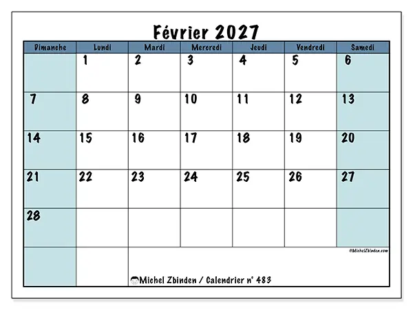 Calendrier février 2027 à imprimer - Structuré pour l’école - Semaine du dimanche au samedi