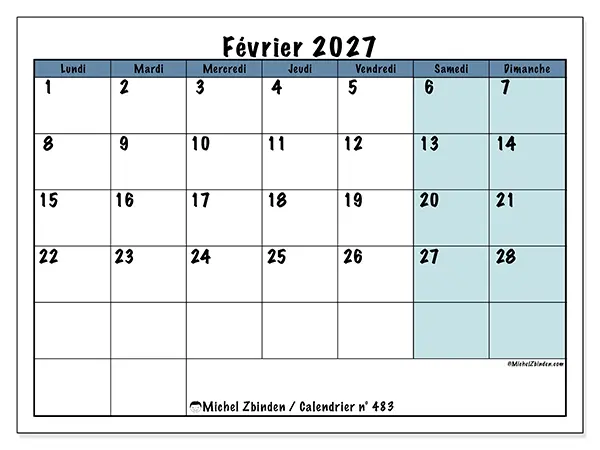 Calendrier février 2027 à imprimer - Structuré pour l’école