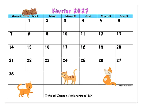 Calendrier février 2027 à imprimer - Amour des chats - Semaine du dimanche au samedi