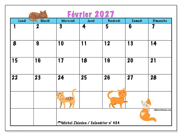 Calendrier février 2027 à imprimer - Amour des chats