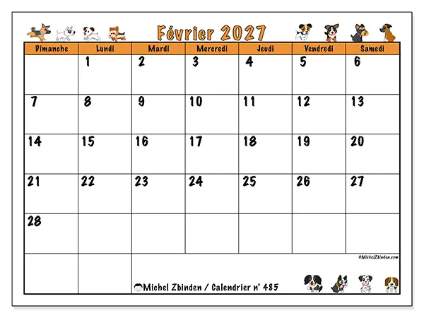 Calendrier février 2027 à imprimer - Chiens enthousiastes - Semaine du dimanche au samedi