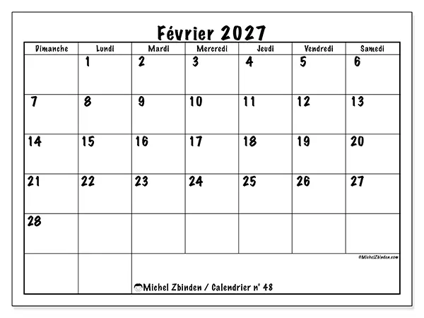 Calendrier février 2027 à imprimer - Efficacité quotidienne - Semaine du dimanche au samedi