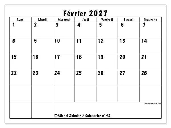 Calendrier février 2027 à imprimer - Efficacité quotidienne