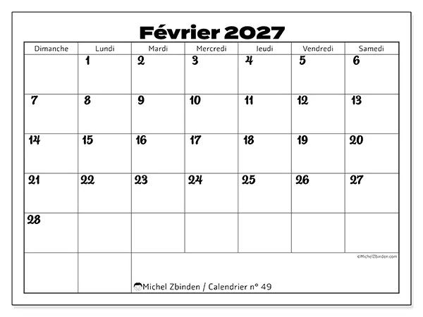 Calendrier février 2027 à imprimer - Coordination productive - Semaine du dimanche au samedi