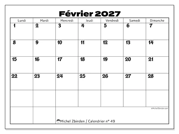 Calendrier février 2027 à imprimer - Coordination productive