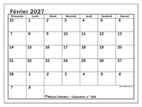 Calendrier février 2027 à imprimer - Planning intensif - Semaine du dimanche au samedi