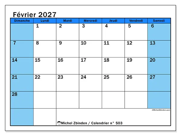 Calendrier février 2027 à imprimer - Études dynamiques - Semaine du dimanche au samedi