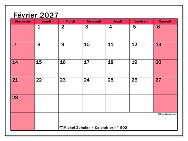 Calendrier février 2027 à imprimer - Gestion lumineuse - Semaine du dimanche au samedi
