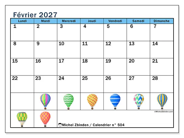 Calendrier février 2027 à imprimer - Montgolfières