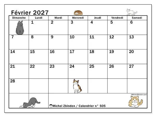 Calendrier février 2027 à imprimer - Vie de chat - Semaine du dimanche au samedi