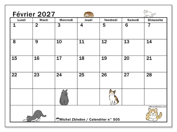 Calendrier février 2027 à imprimer - Vie de chat