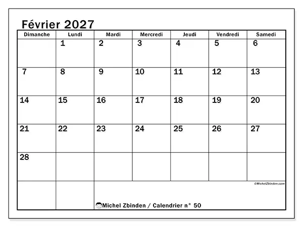 Calendrier février 2027 à imprimer - Planification optimale - Semaine du dimanche au samedi